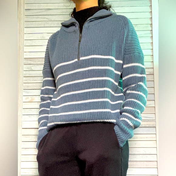 Blue Stripped Half Zip Sweater - Picture 1 of 6